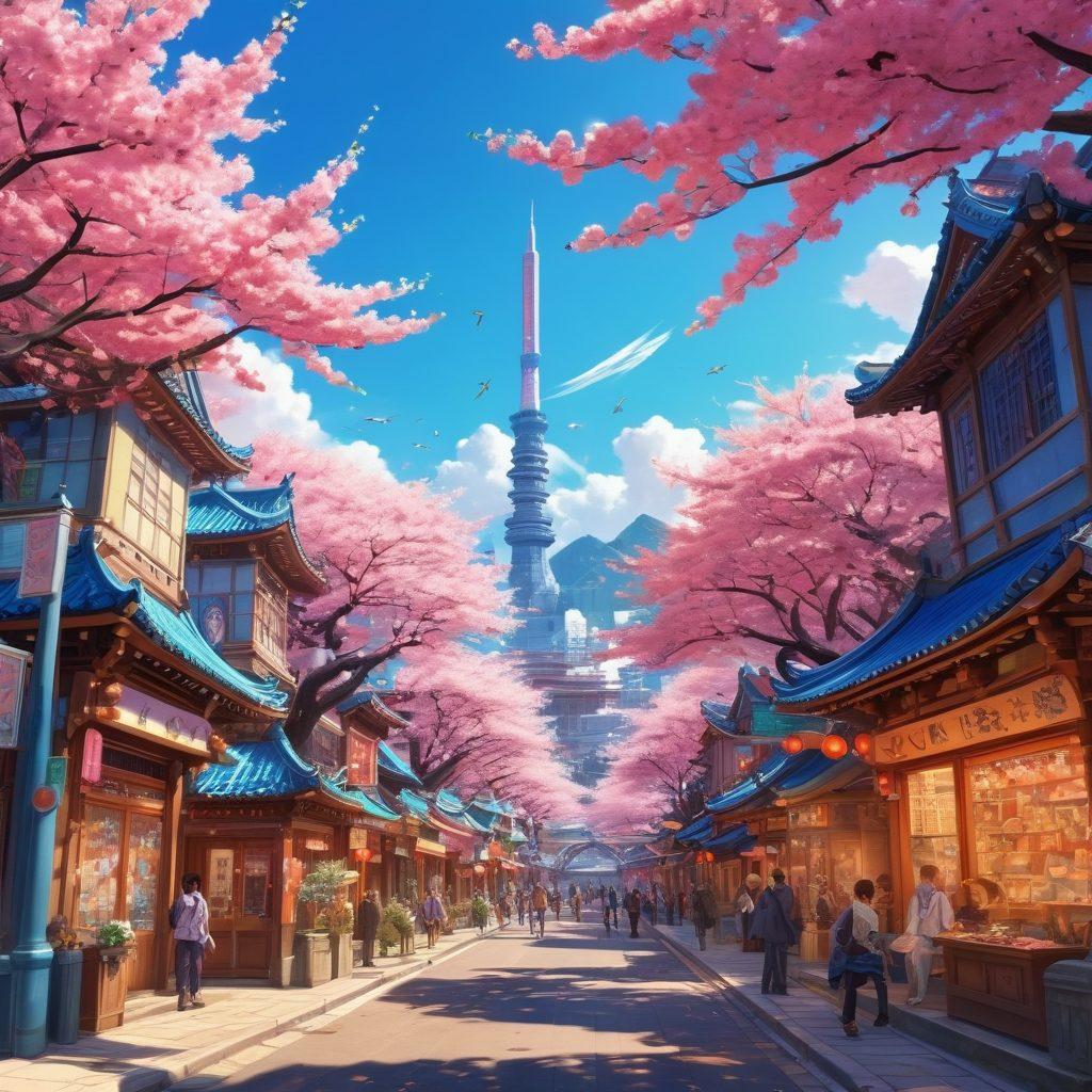 A vibrant scene depicting a whimsical anime-style city bustling with characters from various manga games. Include avatars engaging in interactive adventures—some wielding swords, others casting spells, all surrounded by colorful landscapes like cherry blossom trees and neon-lit streets. Overhead, fantastical creatures soar through a bright blue sky. Capture a sense of excitement and exploration. vector art. vivid colors. white background.